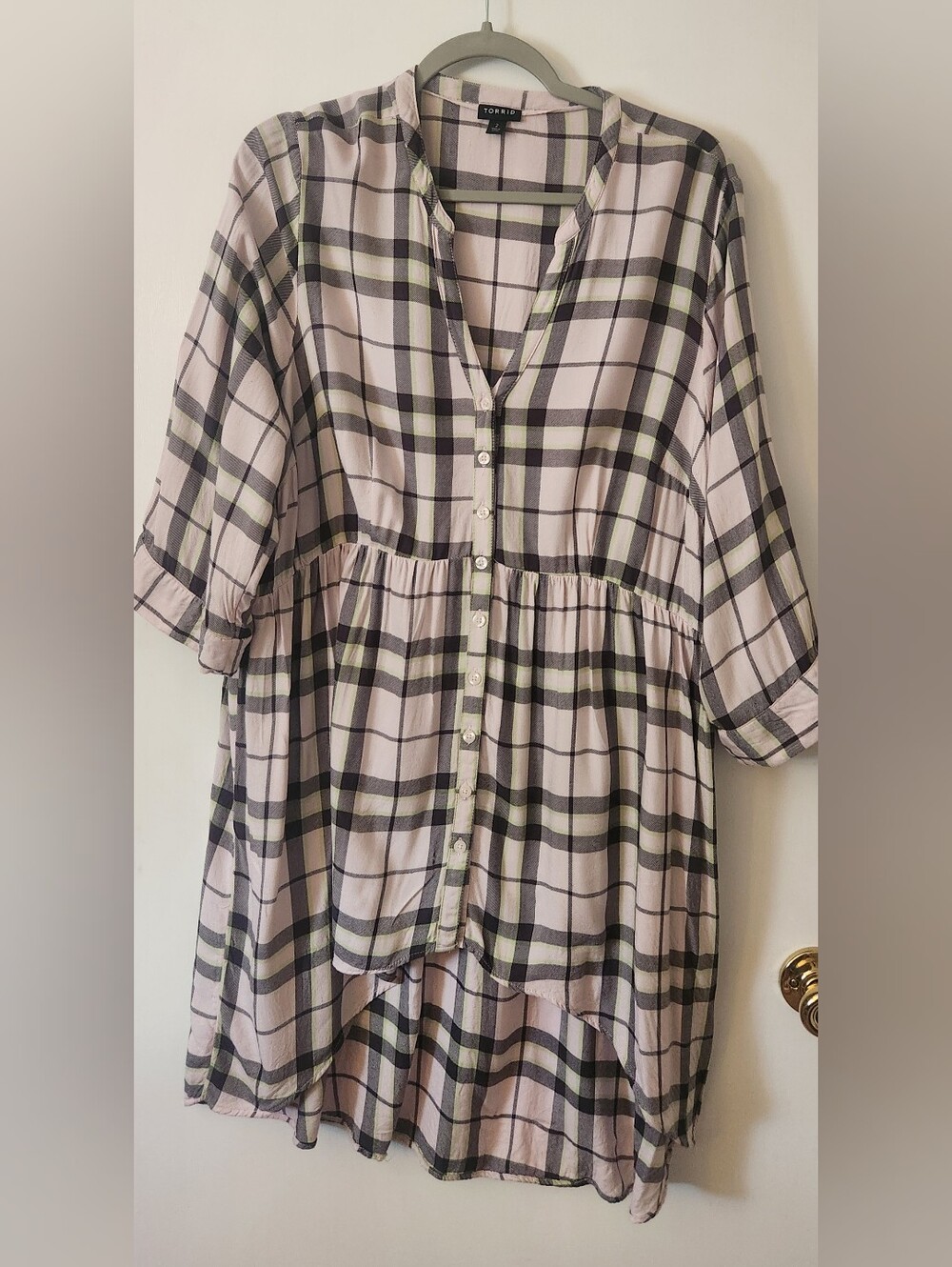 torrid Pink Plaid Button-Front Tunic with Black and Green Accents High-Low